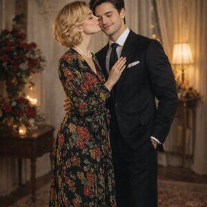 Vintage Impromptu Black Red Floral Print Maxi Dress Belted Sheer Sleeves Medium